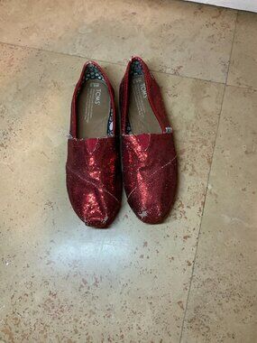TOMS Red Glitter Classic Slip On Shoes Women’s 6.5 Sparkle Flats